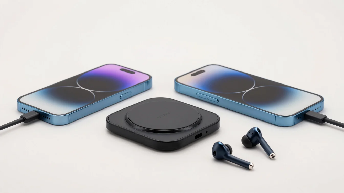 Arrangement of modern smartphone accessories: a wireless charger,