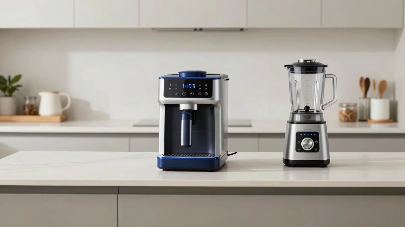 Modern kitchen appliances, including a smart coffee maker and a b