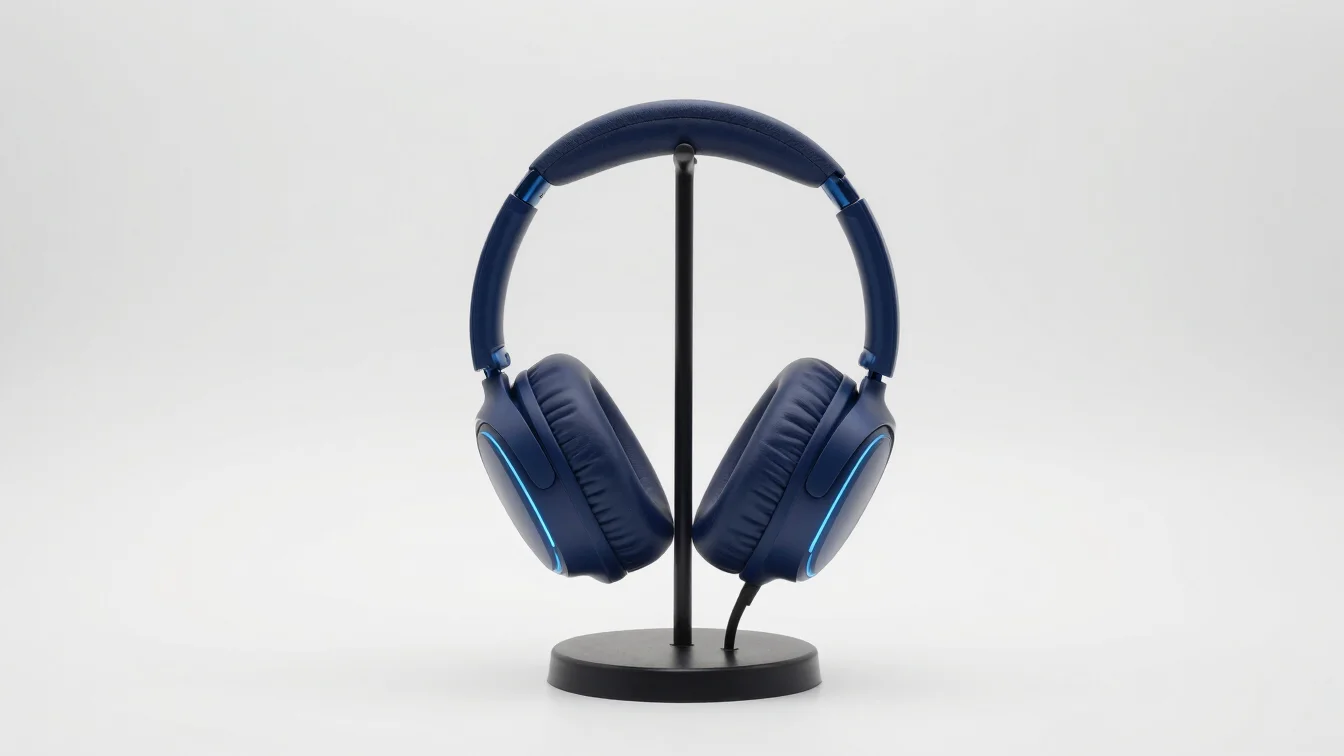 High-fidelity over-ear headphones resting on a stand, with a subt