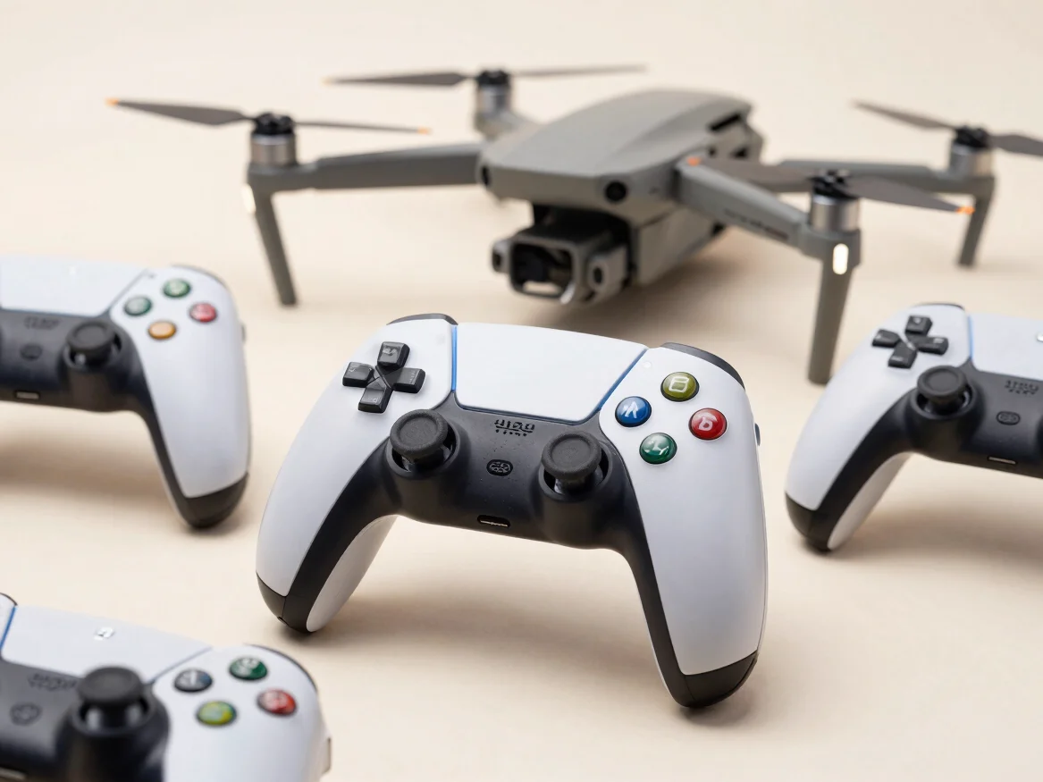 A close-up of popular tech gadgets like a gaming controller and a